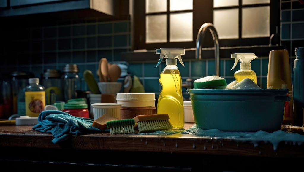 cleaning supplies on a board in a kitchen,